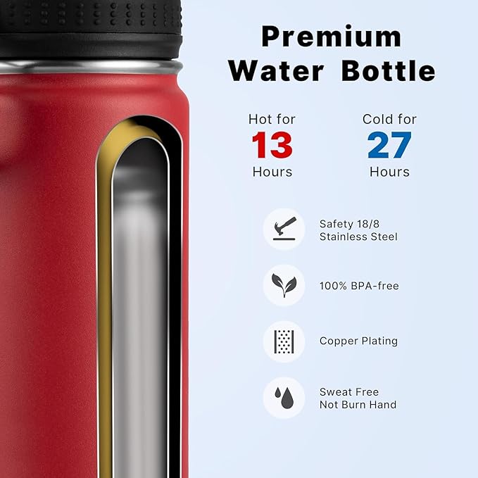 koodee Insulated Water Bottle, 18 oz Stainless Steel Double Wall Vacuum Wide Mouth Sport Bottle with Leakproof Spout Lid (Canyon Red)