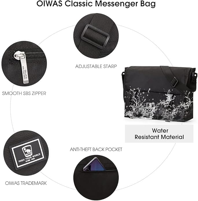 OIWAS Classic Messenger Bag for Men – 14 Inch Satchel Bags for Boys Laptop Shoulder Bag Leisure Crossbody Men Women Bookbag Office Briefcase