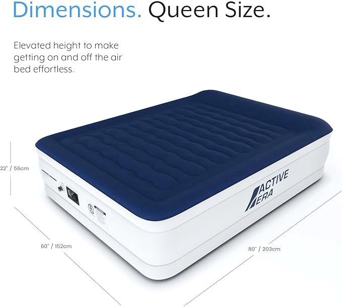 Active Era Luxury Queen, High Air Mattress with Built in Pump and Raised Pillow - Elevated Double, with Structured I-Beam Technology, Height 22" Tall Air Bed Queen Size