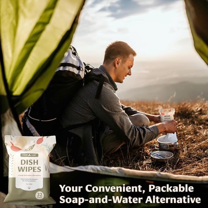 Dish Wipes | 100% Biodegradable Pre-Moistened Food-Safe Camp Kitchen Wipes | A Soap-and-Water Alternative