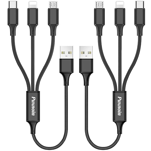 Puxnoin Multi Charging Cable, 2Pack Multi Charger Cable Short 1FT Braided Universal 3 in 1 Multiple USB Cable Charging Cord with Type-C, Micro USB Port Connectors for Cell Phone Tablets and More