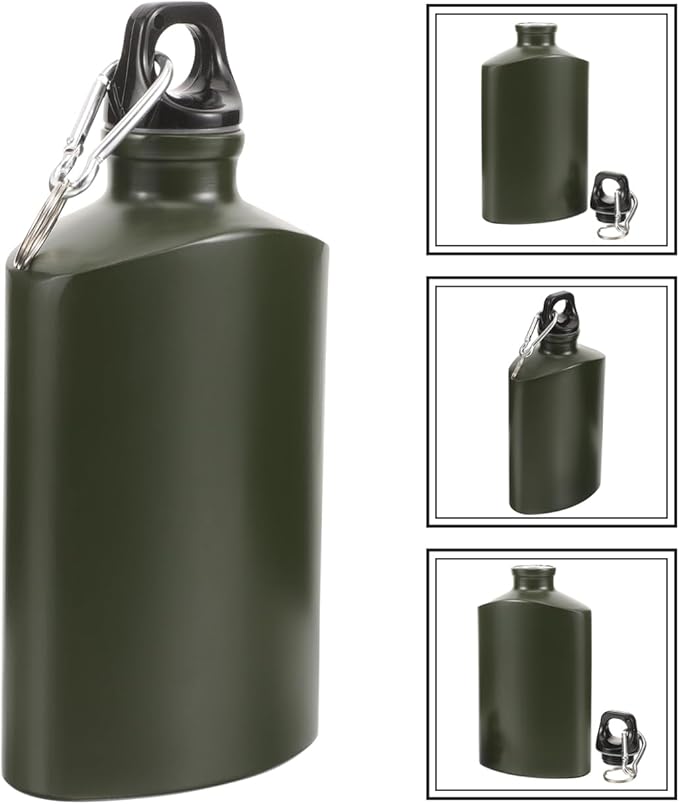 Portable Aluminum Water Canteen with Hook Aluminum Flat Military Canteen Water Bottle for Outdoor Travel Hiking Sport Recreation Supply