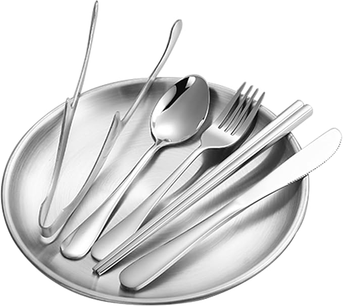 Stainless Steel Outdoor Camping Mess Kits - Includes Forks, Spoons, Knives, Chopsticks, Food Clip, Plates - Portable Cutlery Bag