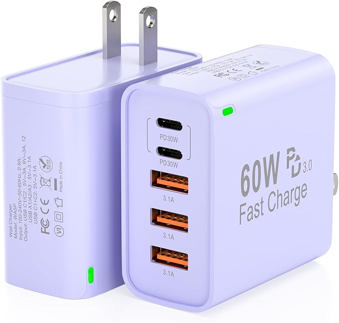 2Pack USB C Fast Charger Block, 60W 5-Port USB C Wall Charger 30W Type C Charging Block, 2USB C+3USB A PPS/PD 3.0 Multiport Charging Cube for iPhone 17 16 15 14 Pro Max,for Galaxy S25 S24 Ultra, i Pad
