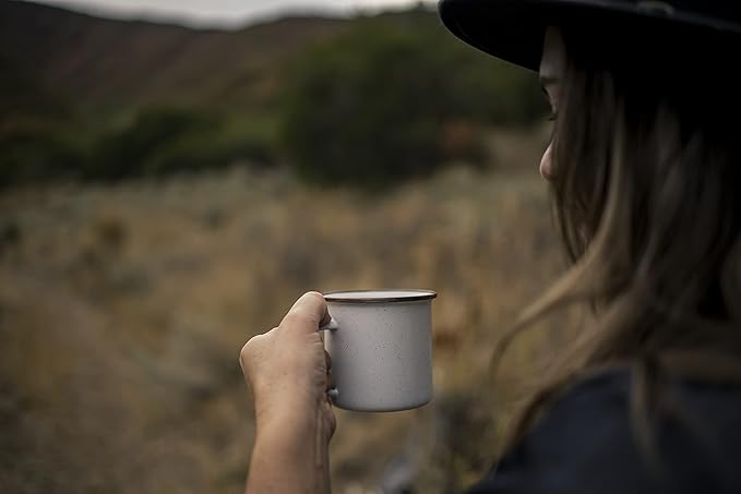 Barebones Enamel Cup Set- Enamel Coffee Mugs Set of 2 16-oz - Stainless Steel Rim Camping Mug for Indoor and Outdoor Use (Eggshell)