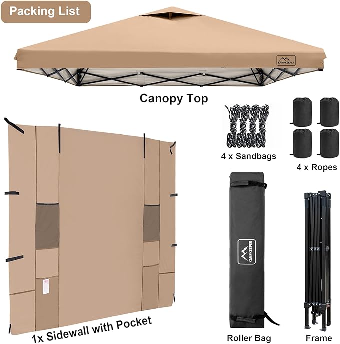 KAMPKEEPER 10x10 Pop Up Canopy Tent with Sidewall - Easy Setup Sun Shelter, Outdoor Shade with Vented Roof for Backyard | UV & Rain Portable Instant Camping Beach Canopy Tents (Khaki)