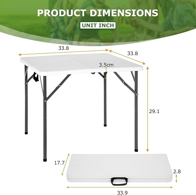 BestOffice Outdoor 34" Folding Card Table Plastic Table Portable Square Height Dining Table Perfect for Picnics,Parties,Party and Camping, White