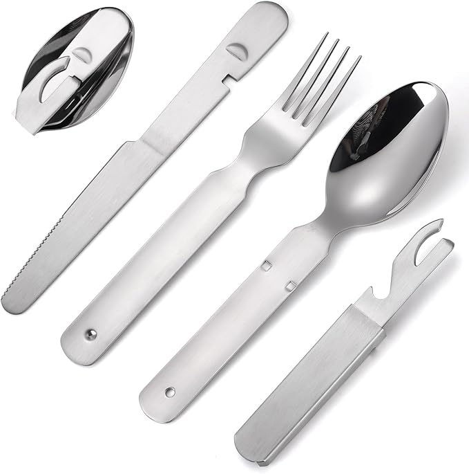 Portable Flatware Silvery Silverware Camping Stainless Steel Cutlery Set Outdoor Travel Knife Fork Spoon Bottle Opener 4 Pieces Foldable Durable Easy to Clean