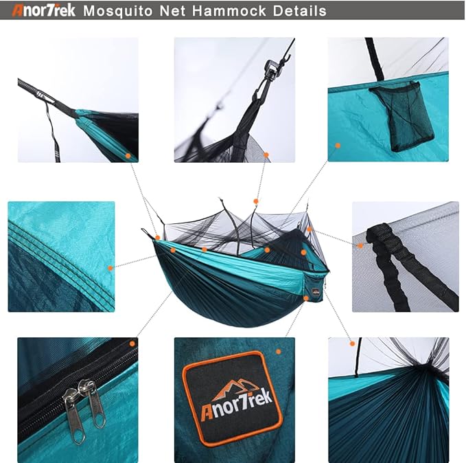 Camping Hammock with Mosquito Net, Double & Single Lightweight Portable Hammocks with Tree Straps, Parachute Hammock for Camping, Backpacking