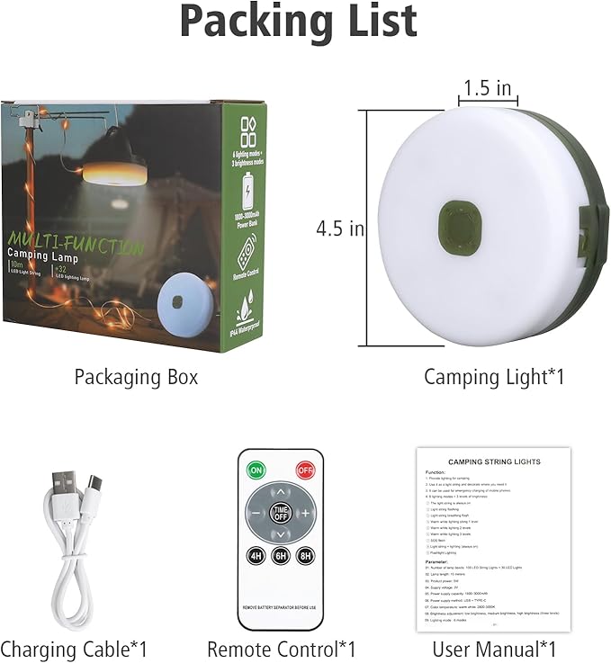 Camping String Lights 33ft, 4 in 1 Rechargeable 100 LED Outdoor Tent String Lights with 14 Lighting Modes Remote Control Waterproof with Timer Function for Camping Gear Essentials Hiking Yard Garden