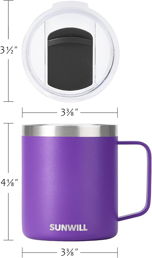 SUNWILL Insulated Coffee Mug with Lid, Travel Tumbler with Handle, 14 oz Stainless Steel Cup for Camping, Office, Home, Powder Coated Purple