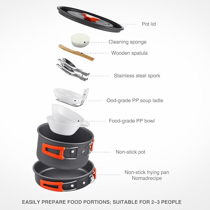 Camping Cookware Mess Kit – 12 PCS Lightweight Camping Cooking Set with Pots, Pans & Utensils – Compact Backpacking Cookware Gear – Portable Camp Kitchen Equipment for Hiking & Outdoor Stove Use