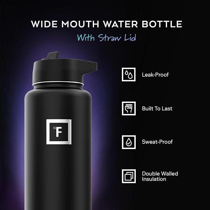 IRON °FLASK Camping & Hiking Hydration Flask with 3 Lids - Stainless Steel, Double Walled & Vacuum Insulated Water Bottle - Leak Proof & BPA Free 32 Oz