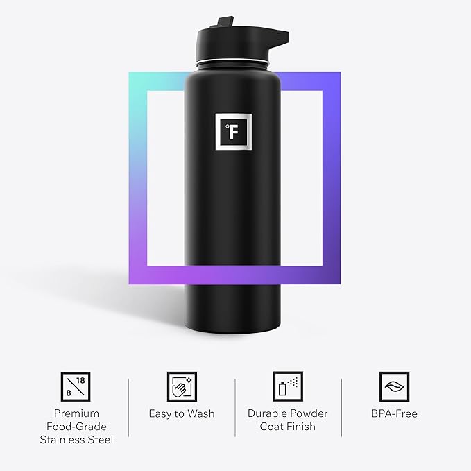 IRON °FLASK Camping & Hiking Hydration Flask with 3 Lids - Stainless Steel, Double Walled & Vacuum Insulated Water Bottle - Leak Proof & BPA Free 32 Oz