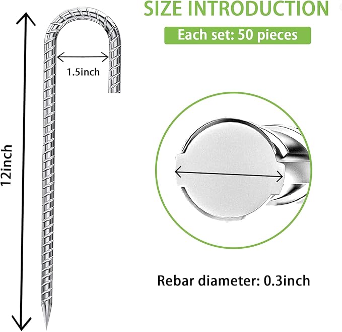 Ground-Stakes-Heavy-Duty-12-Inch, J Hook Rebar Stakes Galvanized Anti-Rust 50pcs Metal Stakes for Ground Heavy Duty Ground Anchors for Garden Dog Fence Chicken Coop Deer Fence