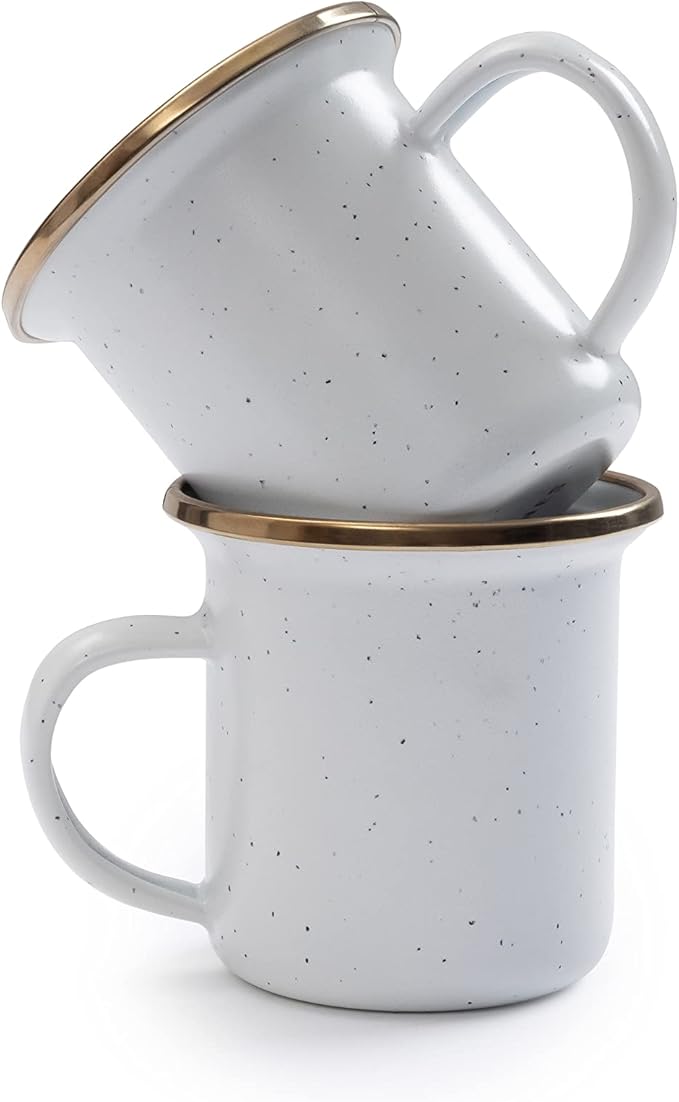 Barebones 5-Ounce Enamel Espresso Cup Set of 2 - Small Coffee Mug and Tea Cup - Stainless Steel Rim Camping Mug for Indoor and Outdoor Use (Eggshell)