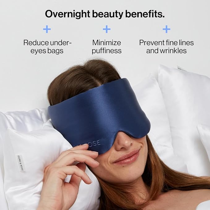 Dore & Rose Deep Sleep Mask Light Blocking, 23 Momme Mulberry Silk Eye Mask, Ultra Soft, Adjustable - Travel Sleeping Mask for Men & Women - Dark Blue