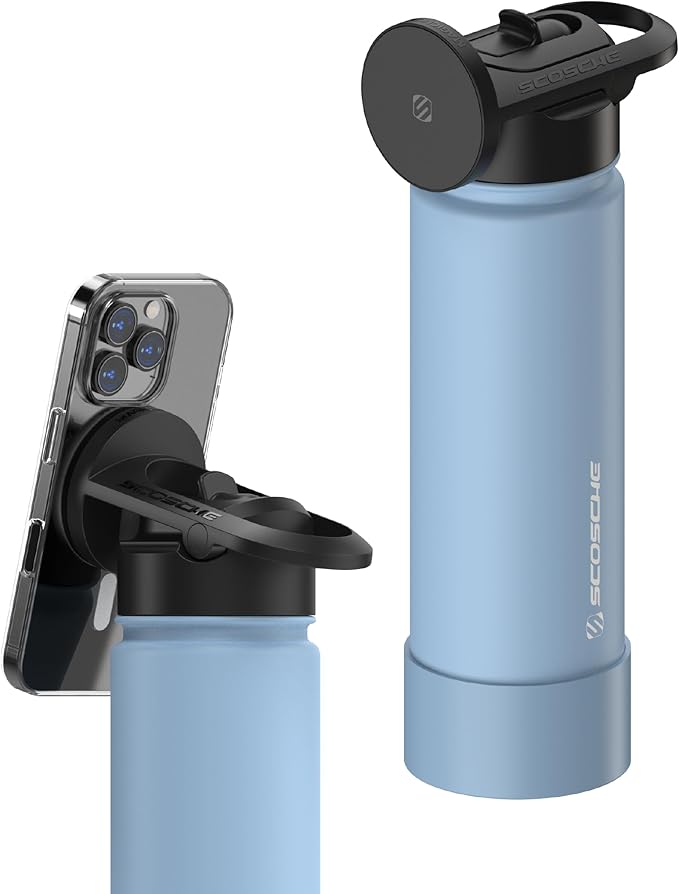 Scosche MFMS22 MagicMount Flask 22 oz Stainless Steel Water Bottle with MagSafe Phone Mount Stand, 12H Hot & 24H Cold Insulated Flask with Magnetic Phone Holder for Gym, Car, Travel, Sports 22oz, Blue