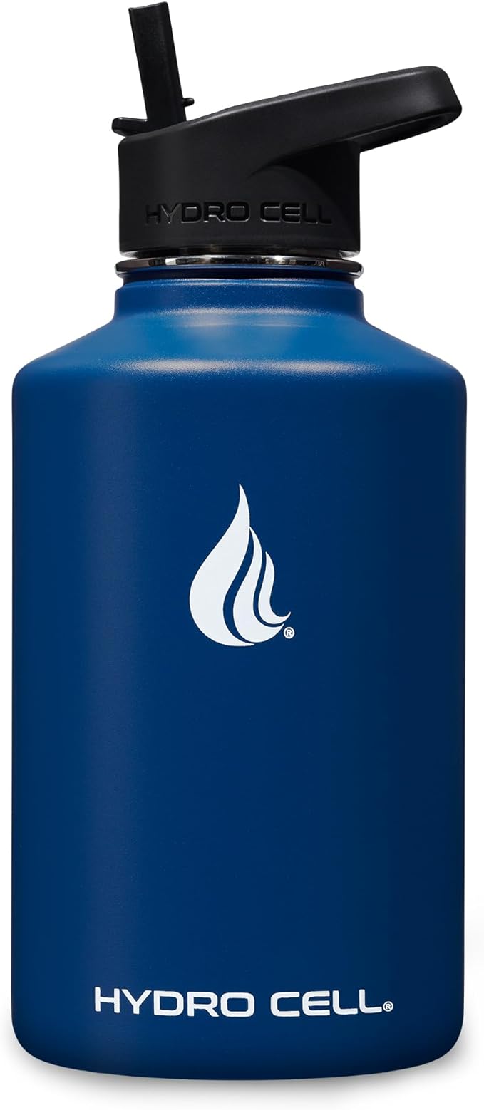 HYDRO CELL Stainless Steel Insulated Water Bottle with Straw - For Cold & Hot Drinks - Metal Vacuum Flask with Screw Cap and Modern Leakproof Sport Thermos for Adults (Navy 64oz)