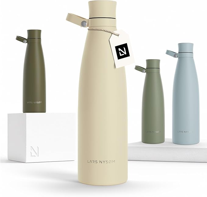 LARS NYSØM Stainless Steel Insulated Water Bottle 25oz 34oz | Insulated Thermo Flask for Hot and Cold Beverages | Leakproof Drinking Bottle (Almond Beige, 33.9oz)