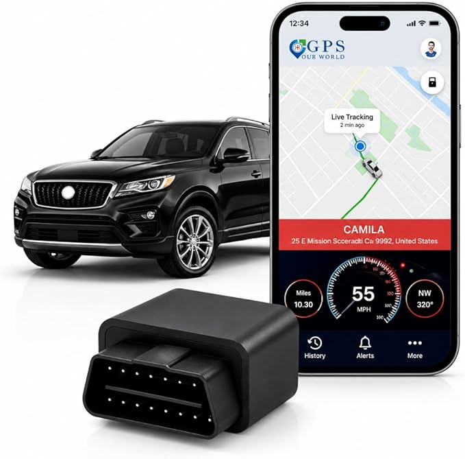 Car GPS Tracker (OBD2 Plug & Play) – 3 Months Free Trial, Real-Time GPS Tracker for Cars, 1-Year History, Speed & Driving Alerts, App Control, Global Coverage - Plans from $2.5/Month