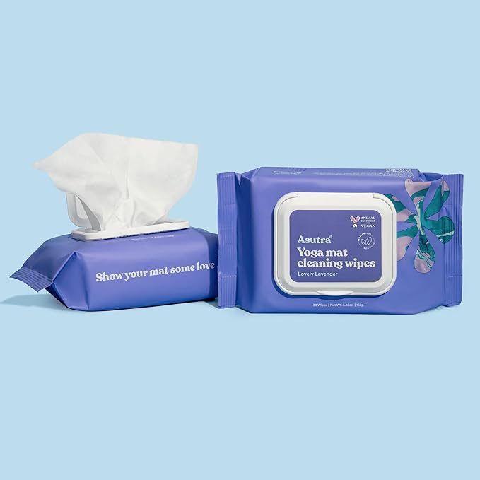 ASUTRA Yoga Mat Cleaning Wipes (Lovely Lavender), 2 Pouches (30 Wipes Each) - No Slippery Residue, Deep-Cleansing for Fitness Gear & Gym Equipment