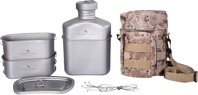 Boundless Voyage 750ml+400ml Titanium Military Mess Kit Ultralight Camping Cookware Set with Folding Handle & Hanging Rope Portable Canteen Cup for Outdoor Cooking, Hiking, Survival Ti2048C