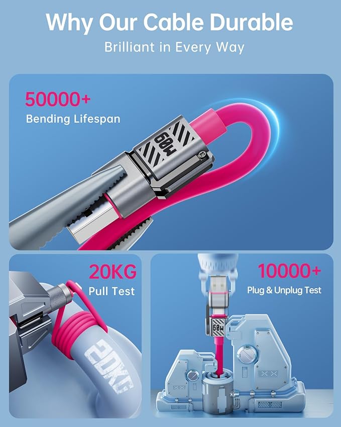 4 in 1 USB C Cable 60W 5FT Fast Charging & Data Transfer, Thicker Silicone Multi Charger Cord for iPhone iPad Charger Wire Combo with L/Type C/USB A for iPhone 16/15/Macbook (Pink)