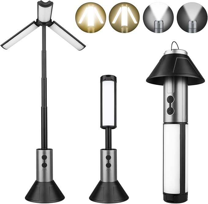 Rechargeable 3000mAh Camping Light with Stand 10w Max Power, Cordless Work Light with 3 LED Lamp Heads, Emergency Flashlight with Detachable Tripod, Black