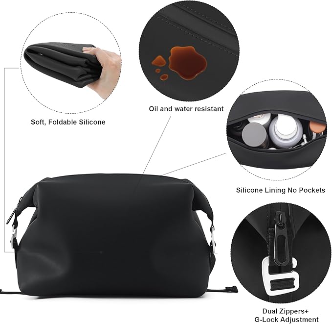 Vomgomfom 3L 6.5 Inch Silicone Toiletry Bag, Waterproof Leakproof Travel Cosmetic Organizer, Adjustable G-Buckle Compression Dopp Kit, Foldable Makeup Bag for Women & Men, Black