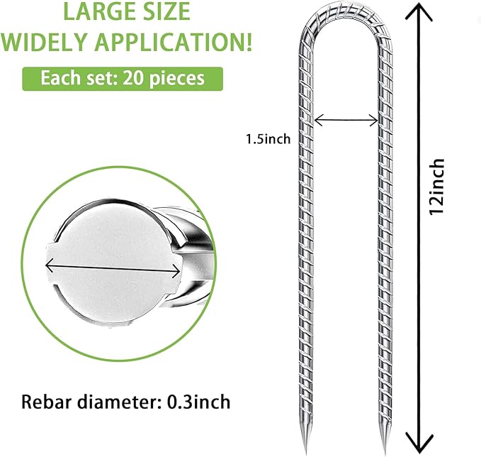 Rebar-Stakes-12-Inch-U-Shaped, Trampoline Stakes High Wind Ground Stakes Heavy Duty Galvanized Anti-Rust Metal Stakes Ground Anchors for Garden Dog Fence Chicken Coop Water Pipe 20pcs