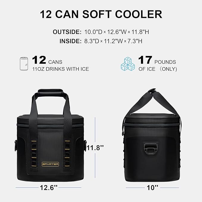 Portable Soft Cooler 12 Cans, IP68 Tizip Leak-Proof Zipper for Camping, Fishing, Beach, Outdoors Insulated Ice Chest with Reusable Ice Pack
