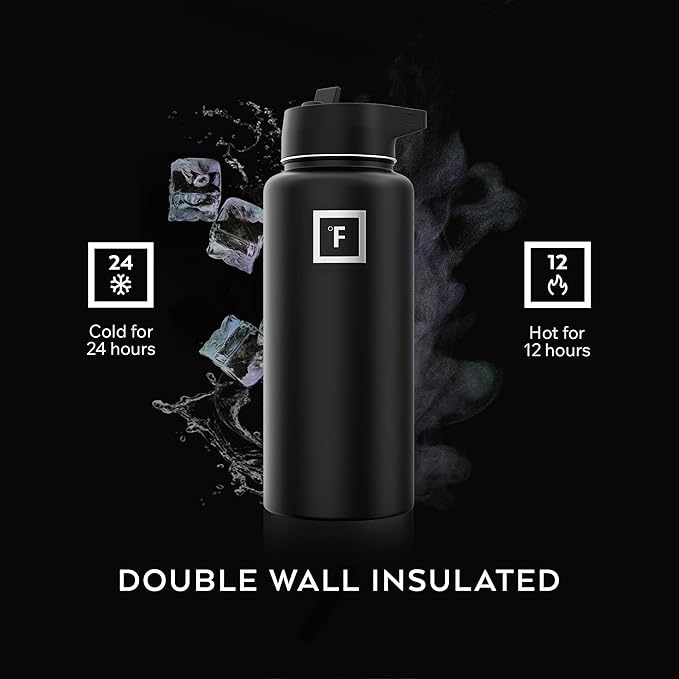 IRON °FLASK Camping & Hiking Hydration Flask with 3 Lids - Stainless Steel, Double Walled & Vacuum Insulated Water Bottle - Leak Proof & BPA Free 32 Oz