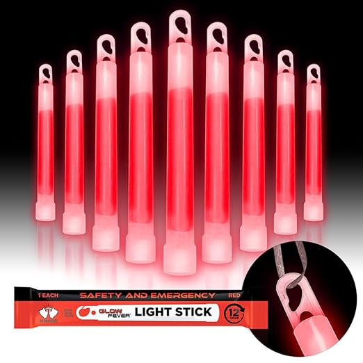 Glow Fever Emergency Safety Military Grade 6'' Lightsticks, Light Up Ultra Bright Glow Sticks with 12 Hours Duration. for Hiking Party Camping Blackouts Hurricane Shelter Survival Kit (Red, 30PCS)
