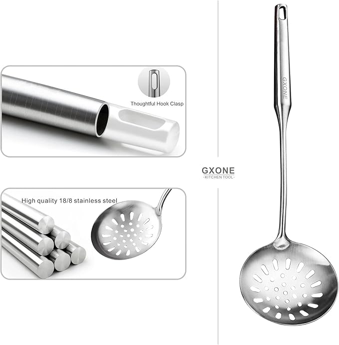 Skimmer Slotted Spoon,304 Stainless Steel Slotted Spoon, Handle Mesh Food Strainer Stainless Steel Colander with Hollow Handle Heat Resistant Cooking Tool,Silver/15.1Inch