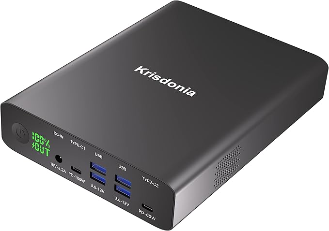 Krisdonia Portable Charger, PD 100W USB C Power Bank 64000mAh Fast Charging External Battery Pack with Dual USB-C PD (100W&65W) & 4 USB-A (QC3.0 18W) for Type-C Laptops, MacBook Pros, XPS, iPad Pro