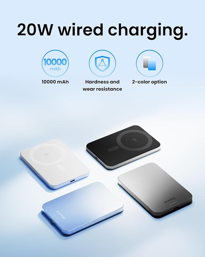 sharge AeroMag Magsafe Portable Charger, 10000mAh Magnetic Power Bank,15W Qi2 Fast Charging Battery Pack Designed for iPhone 17 Pro/16/15/14