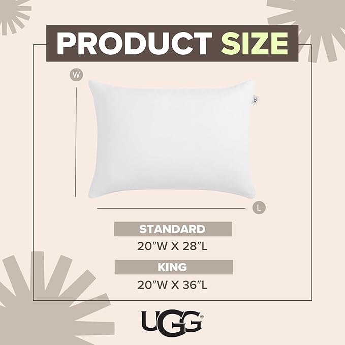 UGG Cooling Pillow Standard Size Luxury Hotel Style for Stomach, Back or Side Sleepers with Washable Cover Hypoallergenic Down Alternative for King Beds, 20-inch x 36-inch, White