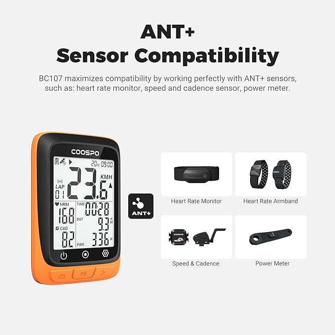 COOSPO Bike Computer Wireless GPS, Cycling Computer GPS Bike Tracker with Bluetooth/ANT+, Waterproof Bicycle Computer GPS Speedometer with Auto Backlight, 2.4 inch LCD Display