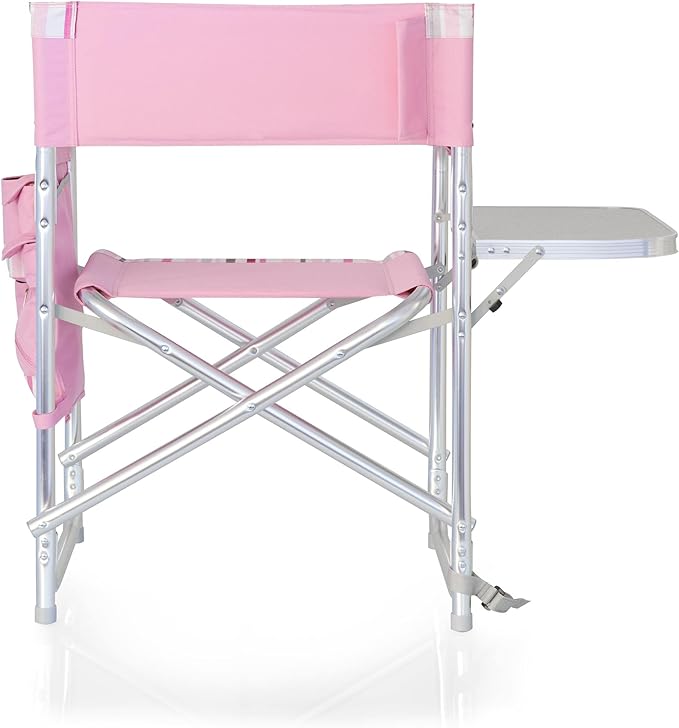 PICNIC TIME Sports Chair with Side Table, Outdoor Foldable Padded Adult Camping Chairs with Cup and Accessory Panel for Lawn, Beach, & Sports Use for Adults, 300-lbs Capacity, (Pink Stripe Accents)