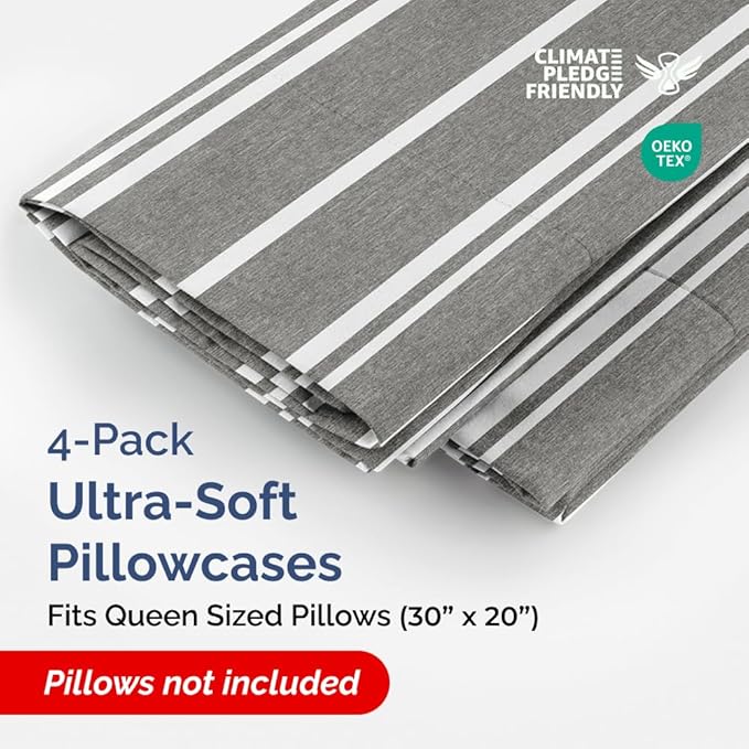 CGK Unlimited Queen Size Microfiber Pillowcase Set of 4 - Soft, Premium Quality, Machine Washable, 20x40, 20x36 & 20x48 Pillows for Sleeping - Grey Stripes 3