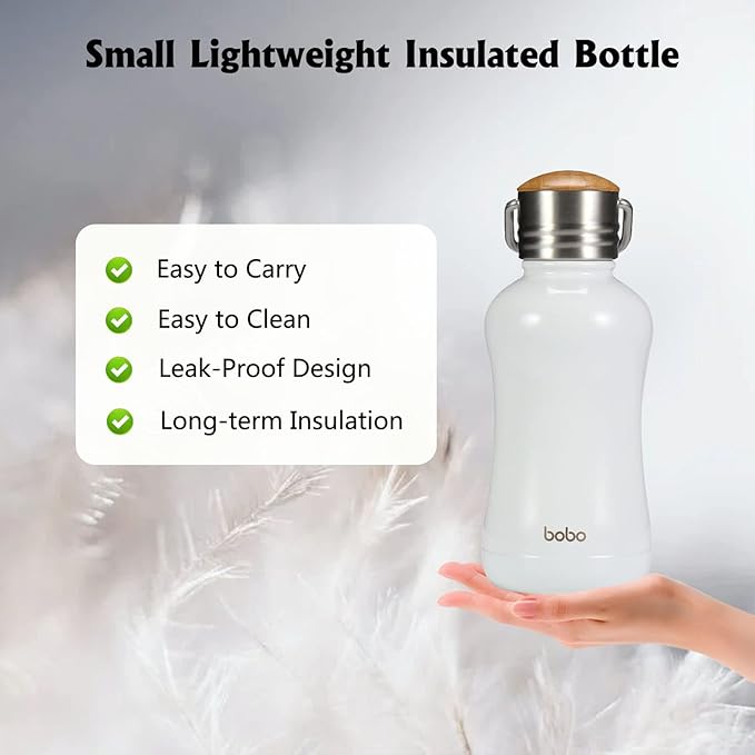 YOHKOH Mini Insulated Water Bottle With Bamboo Lid - 8.8oz Small Vacuum Insulated Water Bottle for Women Kids, 12 Hrs Hot & 24 Hrs Cold Stainless Steel Thermos Leak-Proof BPA-Free (8.8oz,White)