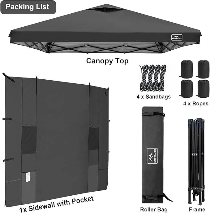KAMPKEEPER 10x10 Pop Up Canopy Tent with Sidewall - Easy Setup Sun Shelter, Outdoor Shade with Vented Roof for Backyard | UV & Rain Portable Instant Camping Beach Canopy Tents (Black)