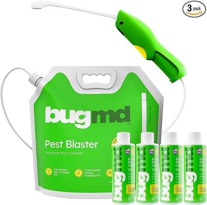 BugMD Blaster Kit - 4 Pack Pest Control Essential Oil Concentrates 3.7 oz and 1 Pest Blaster - Plant-Powered Bug Spray for Home, Insect Killer, Ant Killer for House, Roach, Flea Spray for Home