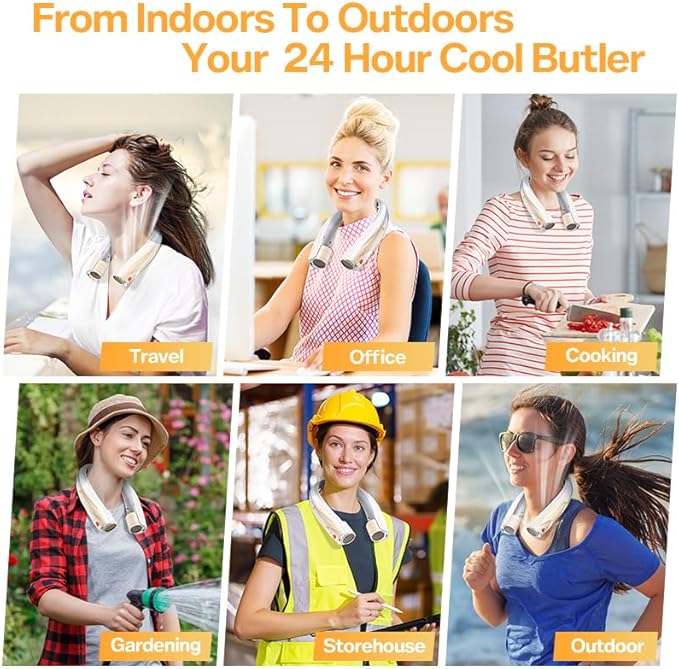 Hands-Free Portable Neck Fans - 6000mAh High Capacity Battery, USB Dual Port Fast Charging, Ultra-Quiet 6 Speeds Cooling Air, 360° Airflow for Outdoor, Indoor, Office, Travel - Beige