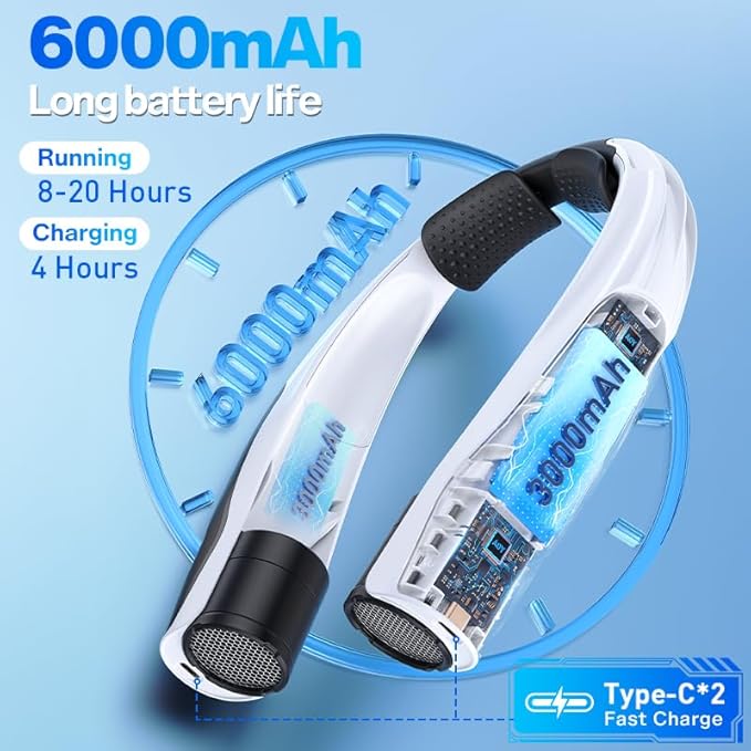 Portable Neck Fan Rechargeable: Free Hands Extra-long Battery Life 6000mAh Strong Air Volume Fast Cooling for Outdoor Enthusiasts - Travel Hiking Climbing (Black)