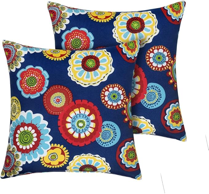 Magpie Fabrcis Pack of 2 Outdoor Waterproof Throw Pillow with Insert 18 x 18 Inch, Christmas Decorative Back Cushion Pad for Garden Patio Tent Balcony Couch Sofa(Floral Navy)