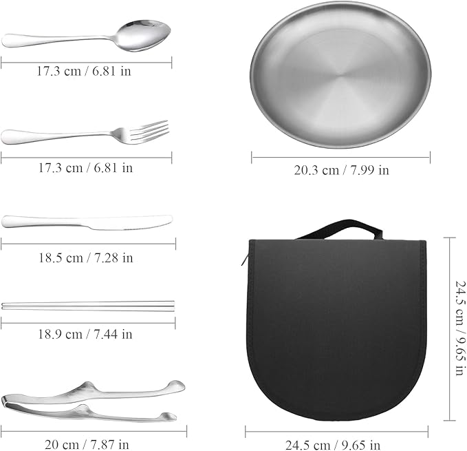 Stainless Steel Outdoor Camping Mess Kits - Includes Forks, Spoons, Knives, Chopsticks, Food Clip, Plates - Portable Cutlery Bag