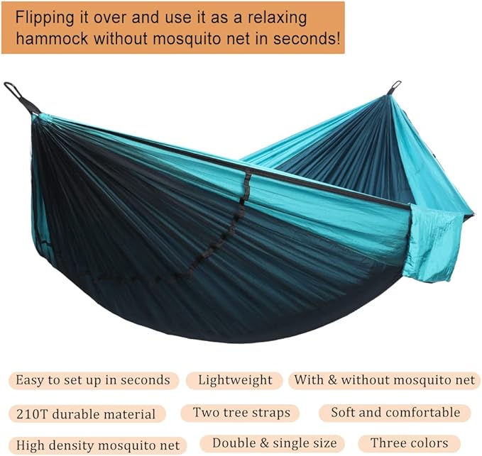 Camping Hammock with Mosquito Net, Double & Single Lightweight Portable Hammocks with Tree Straps, Parachute Hammock for Camping, Backpacking