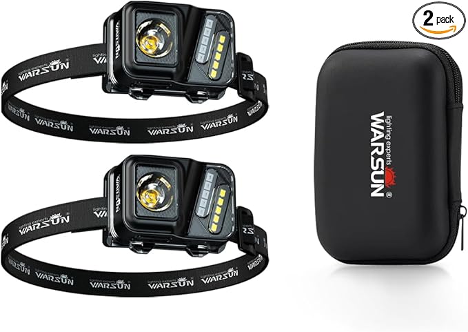 WARSUN Rechargeable Lightweight Headlamp 2 Packs – 750 Lumens Running & Helmet Light, LED Head Torch with Motion Sensor, 5 Modes, for Night Running, Fishing, Camping, Cycling, Work